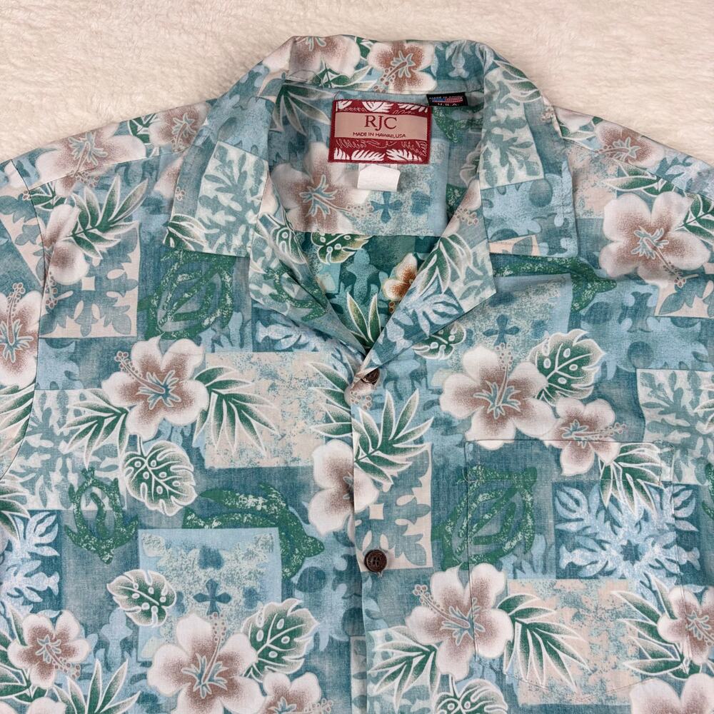 RJC Hawaiian Shirt Men’s Large Blue Green Hibiscus Floral 100% Cotton Made USA